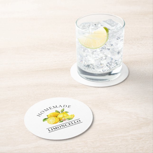 Wasserfarben Lemons Homemade Limoncello Runder Pappuntersetzer (Vor Ort)