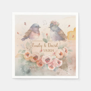 Wasserfarben lieben Vögel mit Rose für Hochzeiten Serviette