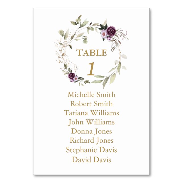 Wasserfarben Lila Blumenübersicht Tischnummer (Vorderseite)