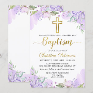 Wasserfarben Lila Blütengold-Script-Girl Taufe Einladung
