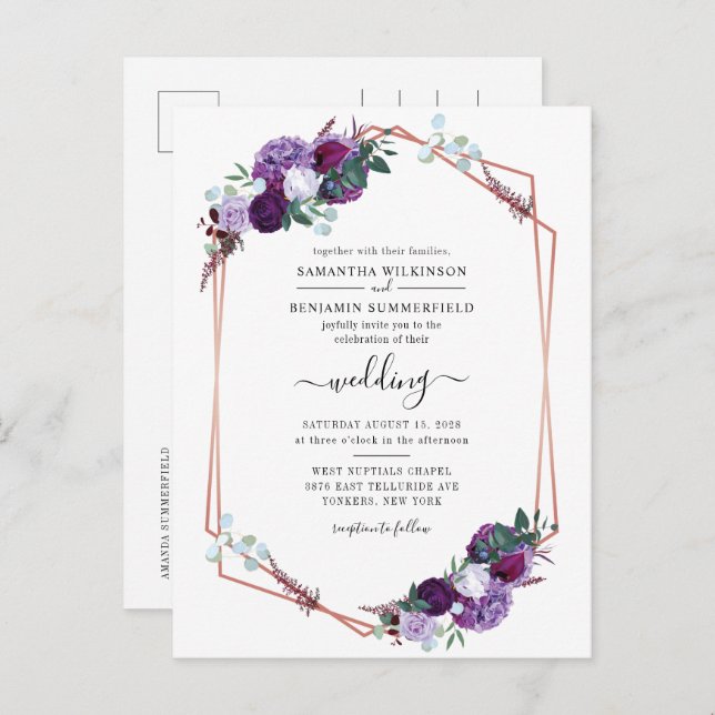 Wasserfarben Lila Blütenhochzeit Einladungspostkarte (Vorne/Hinten)