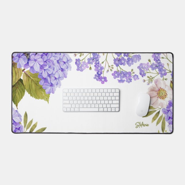 Wasserfarben Lila Hydrangeas Floral Personalisiert Schreibtischunterlage (Tastatur & Maus)