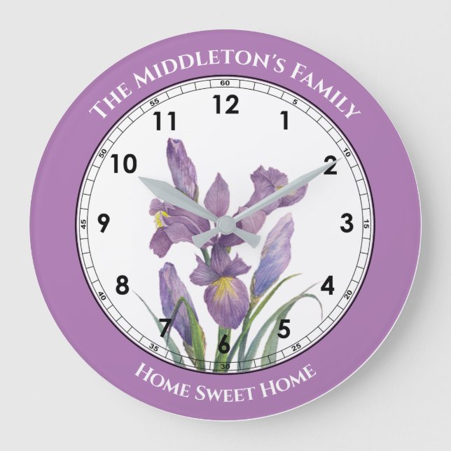 Wasserfarben Lila Iris Botanische Blumenmalerei Große Wanduhr (Vorderseite)
