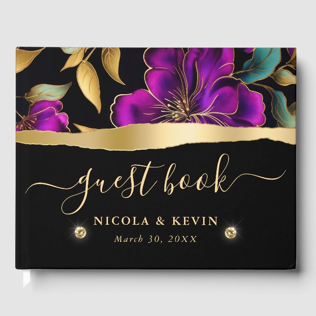 Wasserfarben Lila und Aquamarine Blume Hochzeit Gästebuch (Vorderseite)
