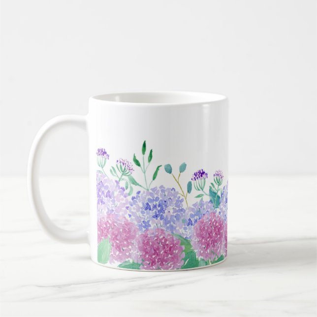 Wasserfarben Lila und Blaue Hydrangeas Kaffeetasse (Links)
