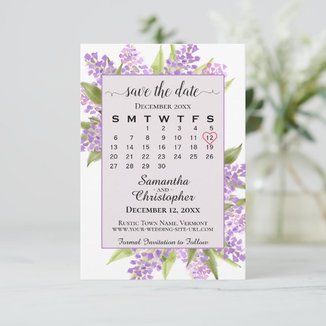 Wasserfarben Lilacs & Calendar Lavender Boho Weddi Save The Date (Stehend Vorderseite)