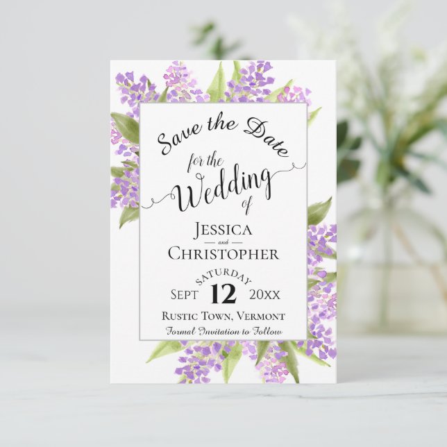 Wasserfarben Lilacs & Calligraphy Einfache Hochzei Save The Date (Stehend Vorderseite)