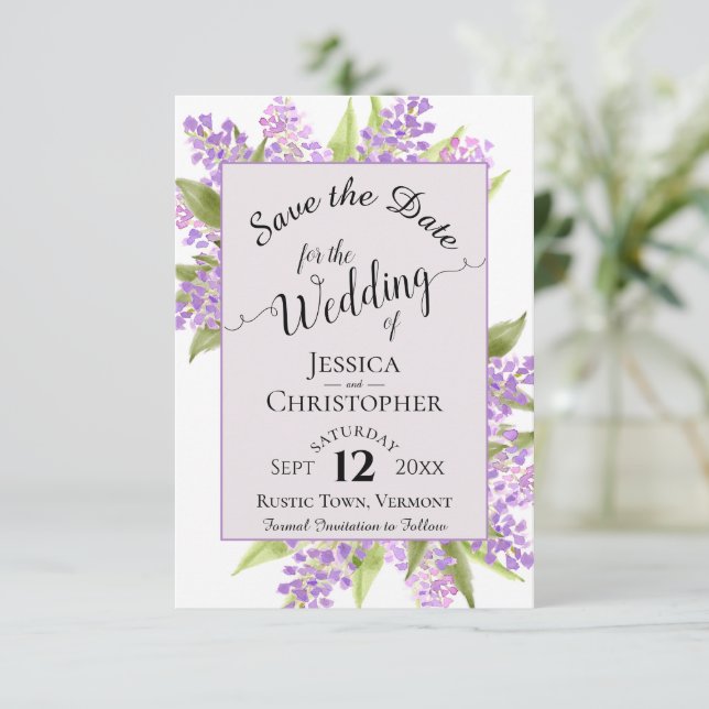 Wasserfarben Lilacs & Calligraphy Lavender Wedding Save The Date (Stehend Vorderseite)