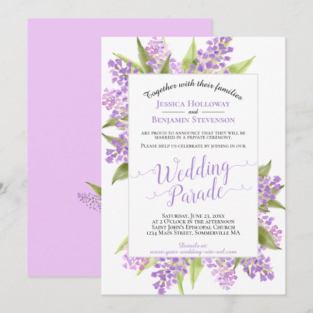 Wasserfarben-Lilacs-Hochzeitsparade/Empfang Einladung (Vorne/Hinten)