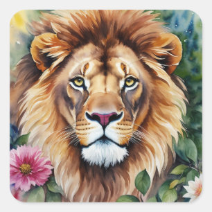 Wasserfarben-Lion-Flora-Art Quadratischer Aufkleber