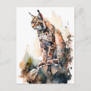 Wasserfarben Luchs sitzt auf Felsen Postkarte