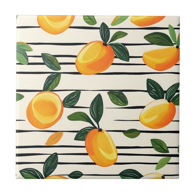 Wasserfarben-Mango-Muster mit grünen Blätter Fliese (Vorderseite)