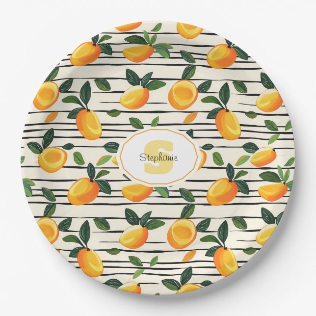 Wasserfarben-Mango-Muster mit grünen Blätter Pappteller (Vorderseite)