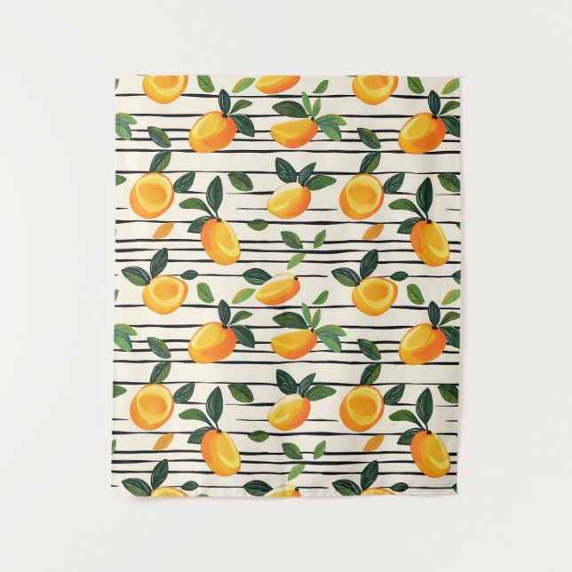 Wasserfarben-Mango-Muster mit grünen Blätter Wandteppich (Vorderseite)