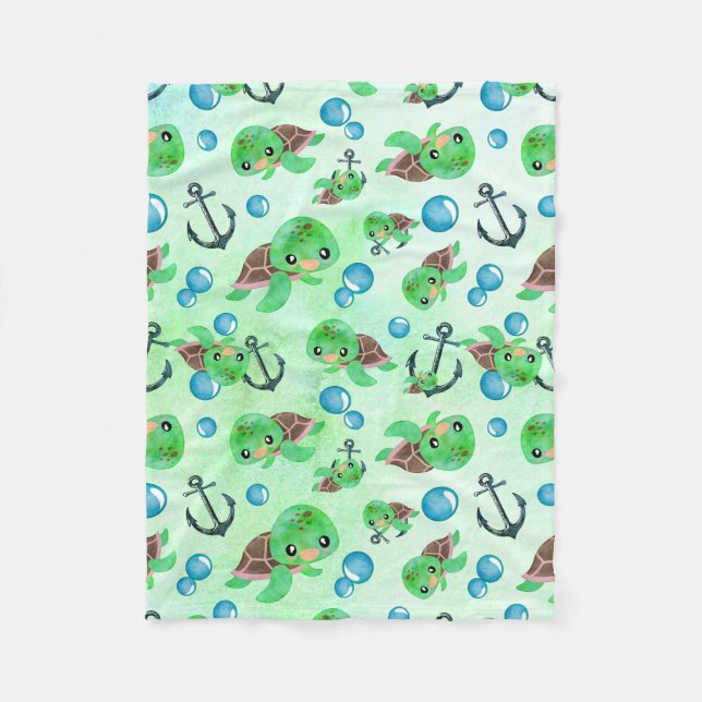 Wasserfarben-Meeresschildkröten-Anker und Blasen Fleecedecke (Vorderseite)