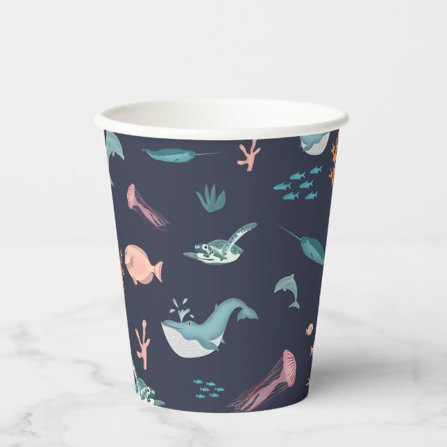 Wasserfarben Meerestiere Blaues Muster Pappbecher (Vorderseite)