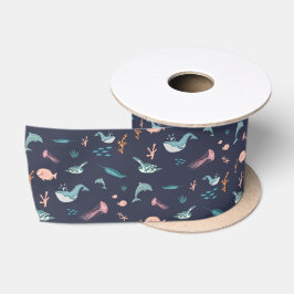Wasserfarben Meerestiere Blaues Muster Satinband