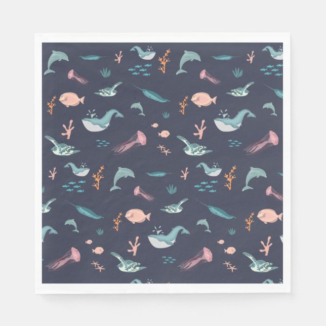 Wasserfarben Meerestiere Blaues Muster Serviette (Vorderseite)