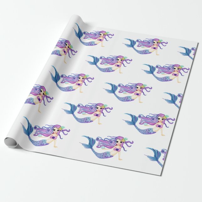 Wasserfarben-Meerjungfrau-Geburtstagsfeier Geschenkpapier (Ungerollt)
