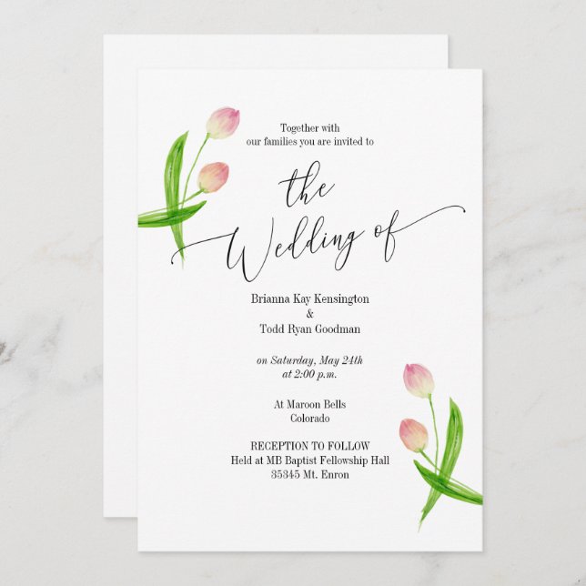 Wasserfarben Minimal Tulip Hochzeit Einladung (Vorne/Hinten)