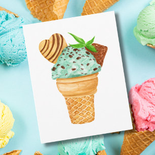 Wasserfarben-Minz-Schokoladen-Chip-Eiscreme-Geburt Karte