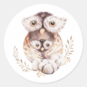 Wasserfarben Mommy and Baby Owl Woodland Babydusch Runder Aufkleber