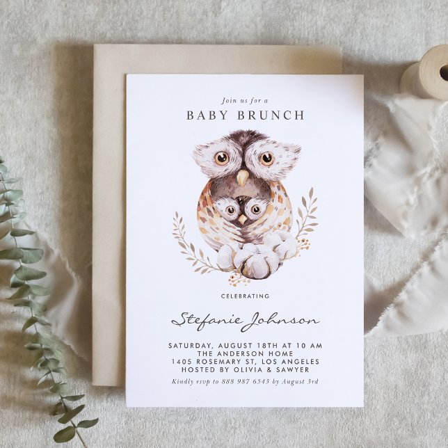 Wasserfarben-Mommy und Babyschale Babyfallbrunch Einladung (Woodland theme baby brunch invitation featuring watercolor mommy and baby owl illustration.)