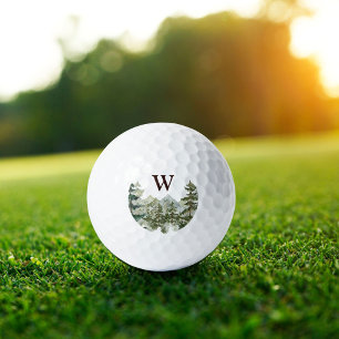 Wasserfarben-Monogramm Kiefernwald & Berg Rustikal Golfball