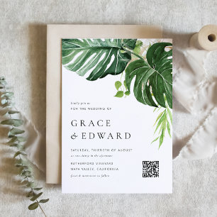 Wasserfarben Monstera Tropische Hochzeit QR Code Einladung