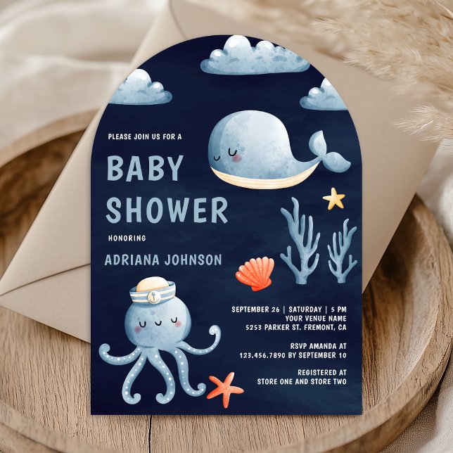 Wasserfarben Nautical Navy Blue Arch Baby Dusche Einladung (Von Creator hochgeladen)