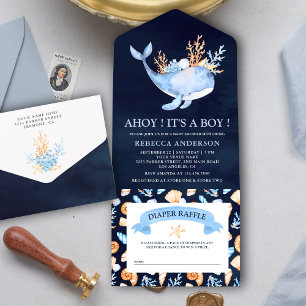 Wasserfarben Nautical Whale Navy Blue Baby Dusche All In One Einladung