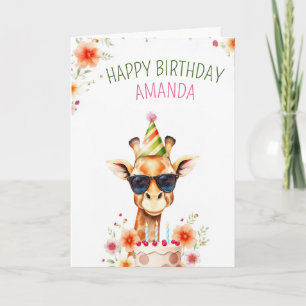 Wasserfarben Niedliche Giraffe mit Party Hat Gebur Karte