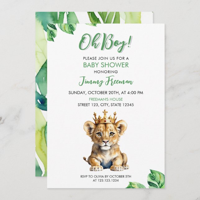 Wasserfarben Niedliche Löwendusche Weiß und Grün Einladung (Vorne/Hinten)