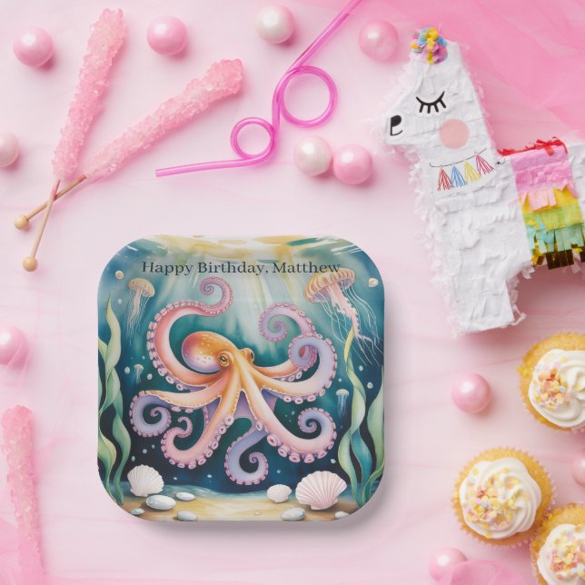 Wasserfarben-Oktopus-Kindergeburtstagsfeier Pappteller (Party)