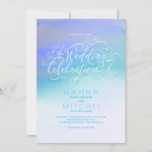 Wasserfarben Ombre Blue Modern Typografie Hochzeit Einladung (Vorderseite)