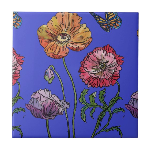Wasserfarben-Orange-Blau-Mohn-Blumen-Keramikfliese Fliese (Vorderseite)