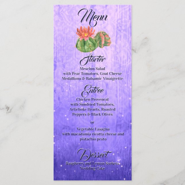 Wasserfarben Orange blühende Kakteen Lila Menükarte (Vorderseite)