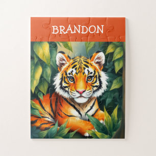 Wasserfarben Orange & Green Tiger Cub Kinder Name Puzzle