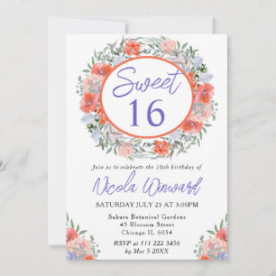 Wasserfarben Orange und Lila Kranz Sweet 16 Einladung