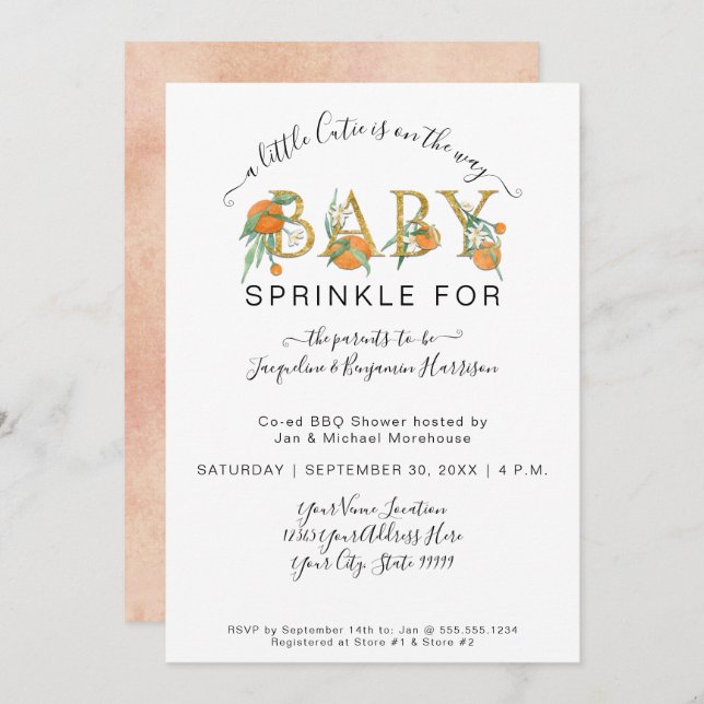 Wasserfarben Orangen Eine kleine Süsse Babydusche Einladung (Vorne/Hinten)