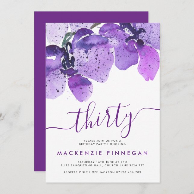 Wasserfarben Orchideen Violet Dreißigste Geburtsta Einladung (Vorne/Hinten)