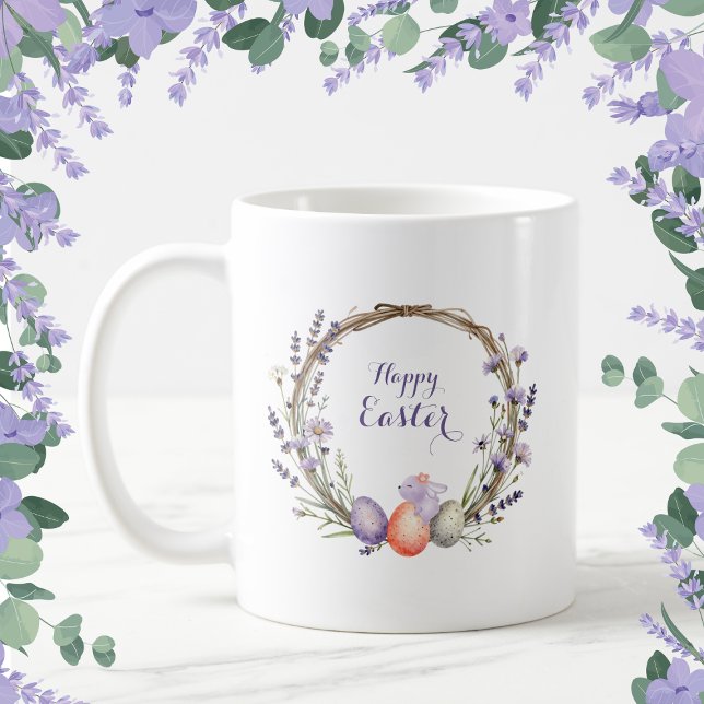 Wasserfarben-Oster-Lavendel-Kranz-Eier Süße Häsche Kaffeetasse (Von Creator hochgeladen)