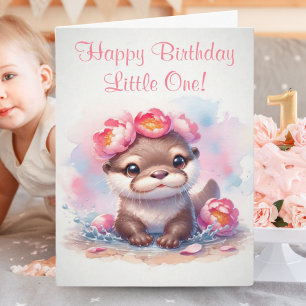 Wasserfarben-Otter mit Pfingstrosen-Geburtstag Karte