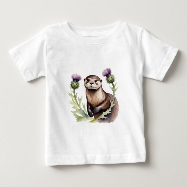 Wasserfarben-Otter und -disteln Baby T-shirt (Vorderseite)