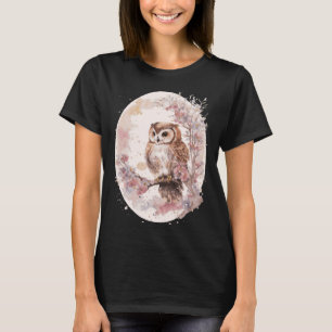 Wasserfarben-Owl Cherry Blossom Japanischer Sakura T-Shirt