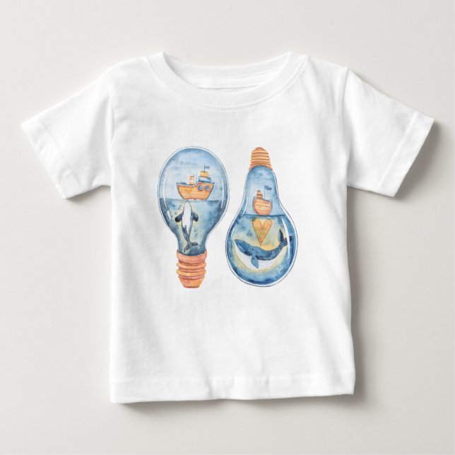 Wasserfarben-Ozean-Glühbirne Humpback Whale Ship Baby T-shirt (Vorderseite)