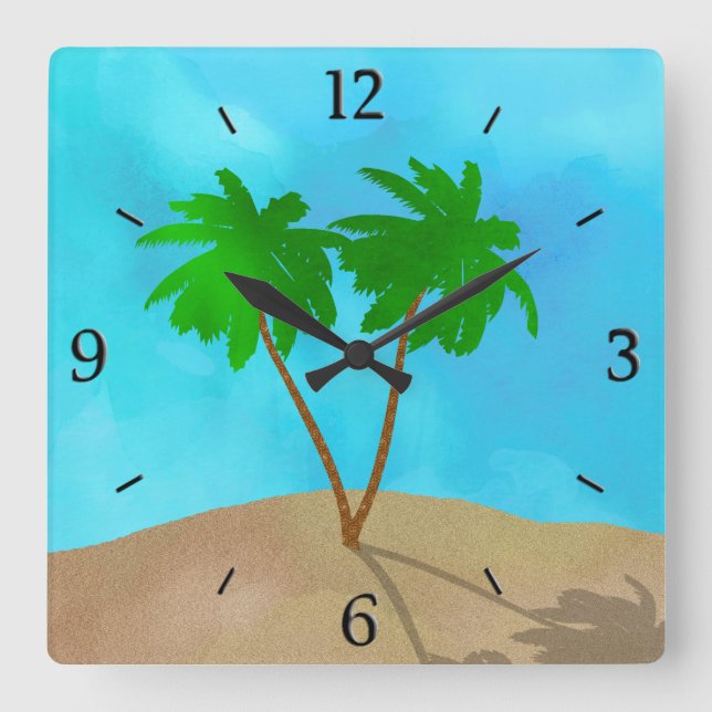 Wasserfarben Palm Tree Beach Collage Quadratische Wanduhr (Vorderseite)