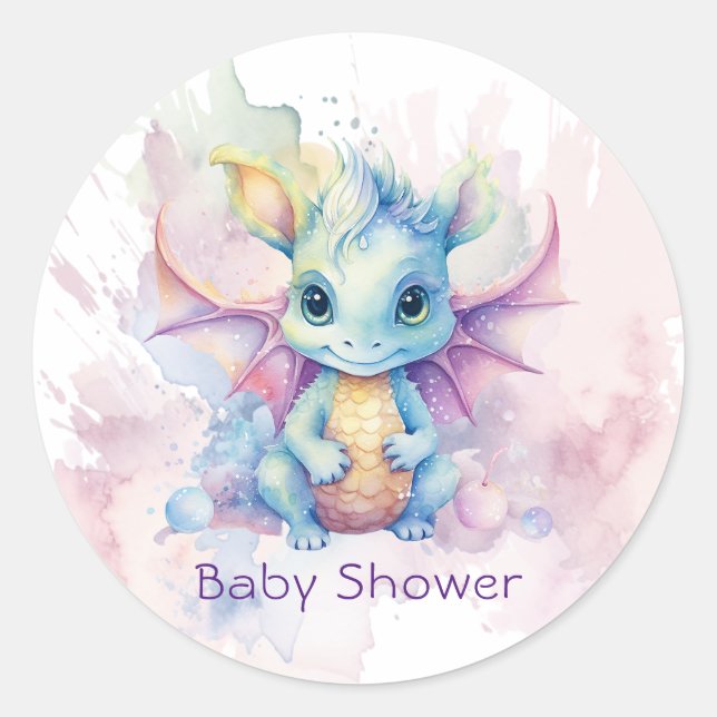 Wasserfarben Pastel Dragon Girl Babydusche Runder Aufkleber (Vorderseite)