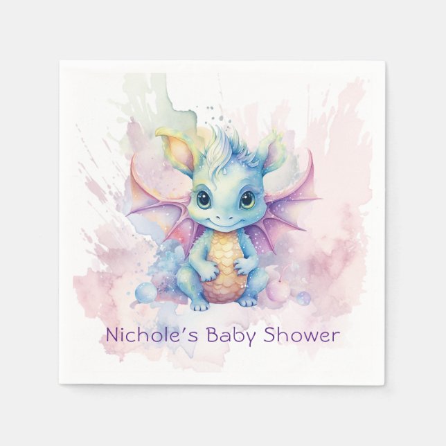 Wasserfarben Pastel Dragon Girl Babydusche Serviette (Vorderseite)