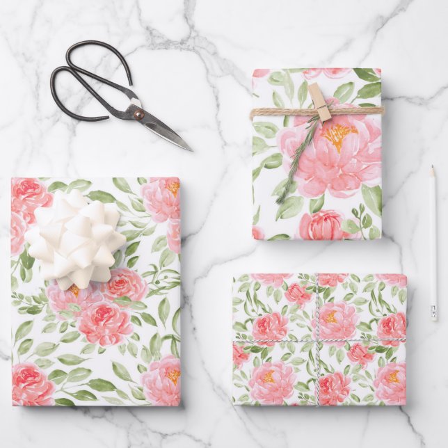 Wasserfarben-Peony-Floral Muster Geschenkpapier Set (Vorderseite)